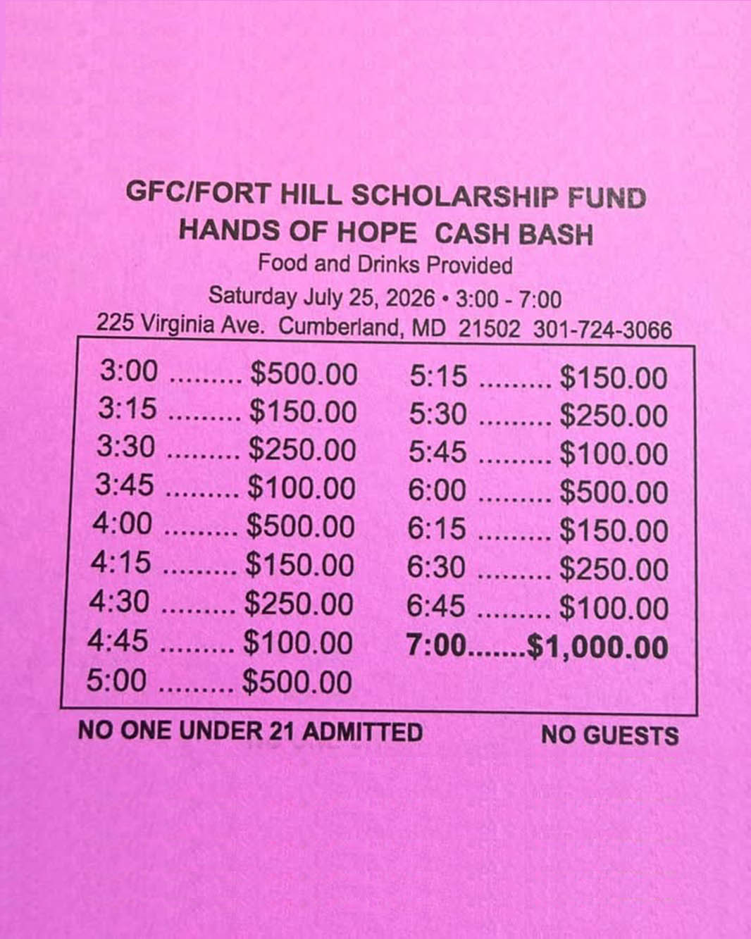 Pink flyer for the “GFC/Fort Hill Scholarship Fund Hands of Hope Cash Bash”