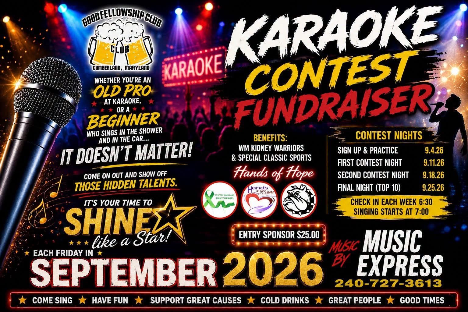 Flyer for a karaoke contest fundraiser featuring event details, date, and location prominently displayed